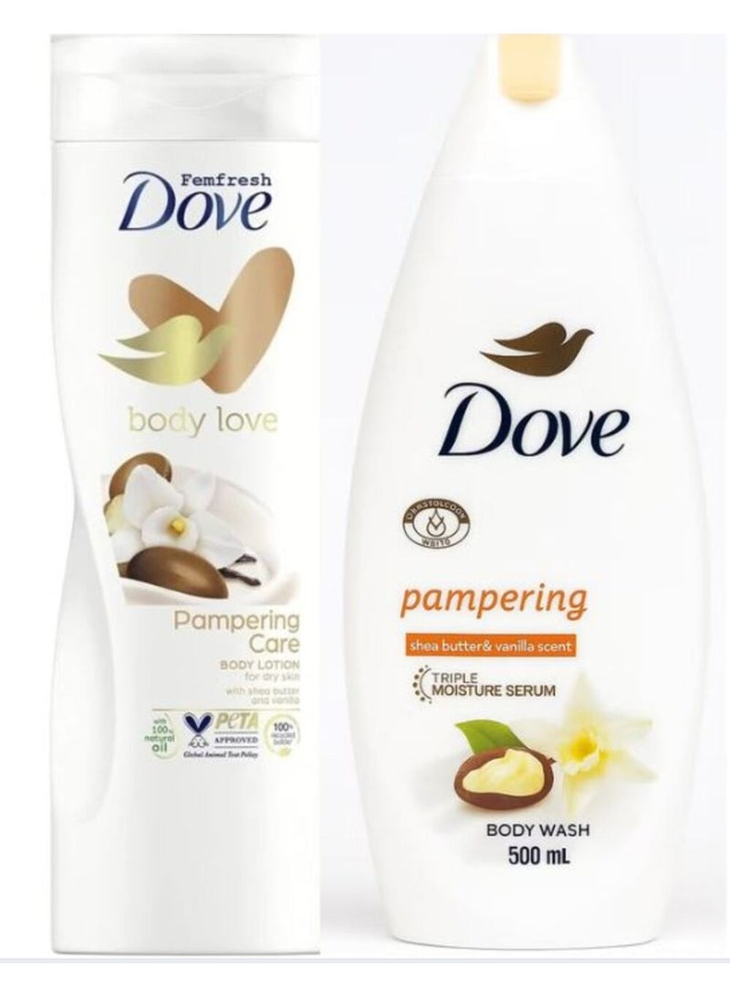 مجموعة دوف للعناية بالجسم - لوشن للجسم بزبدة الشيا والفانيليا الدافئة 400 مل وغسول للجسم مغذي 500 مل للبشرة الجافة